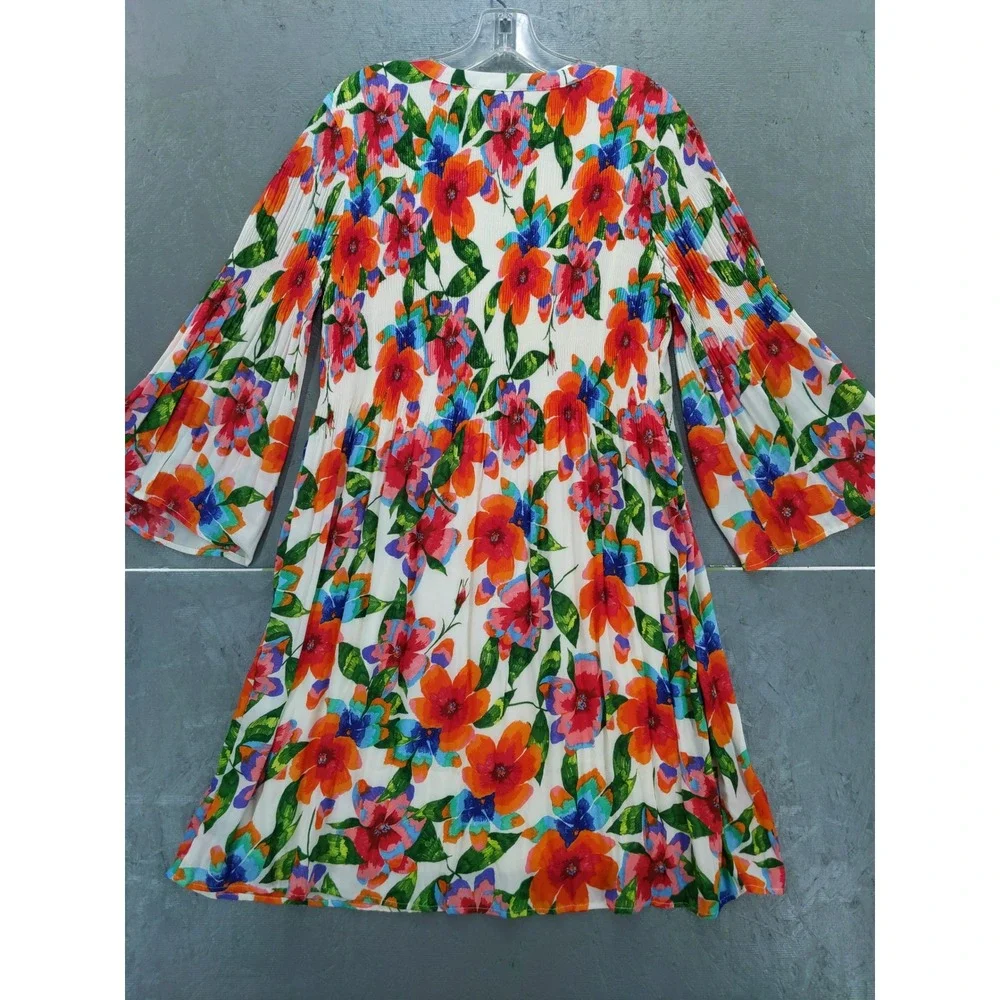 Sunny Leigh Floral‎ Print Pleated Bell Sleeve Dress Multicolor Size M
